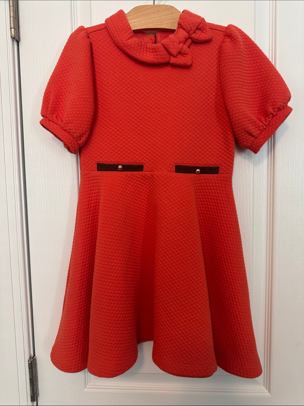 Janie and Jack Girls Size 6 Orange Bow-Collar Textured Dress w/ Brown Accents